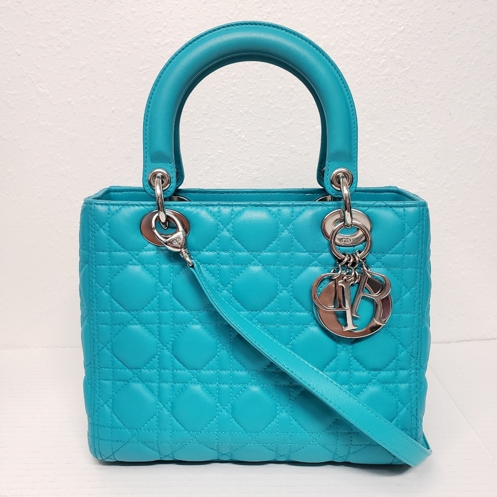 Authentic Dior Lady Dior Turquoise Cannage Leather Medium Bag - Picture 3 of 16